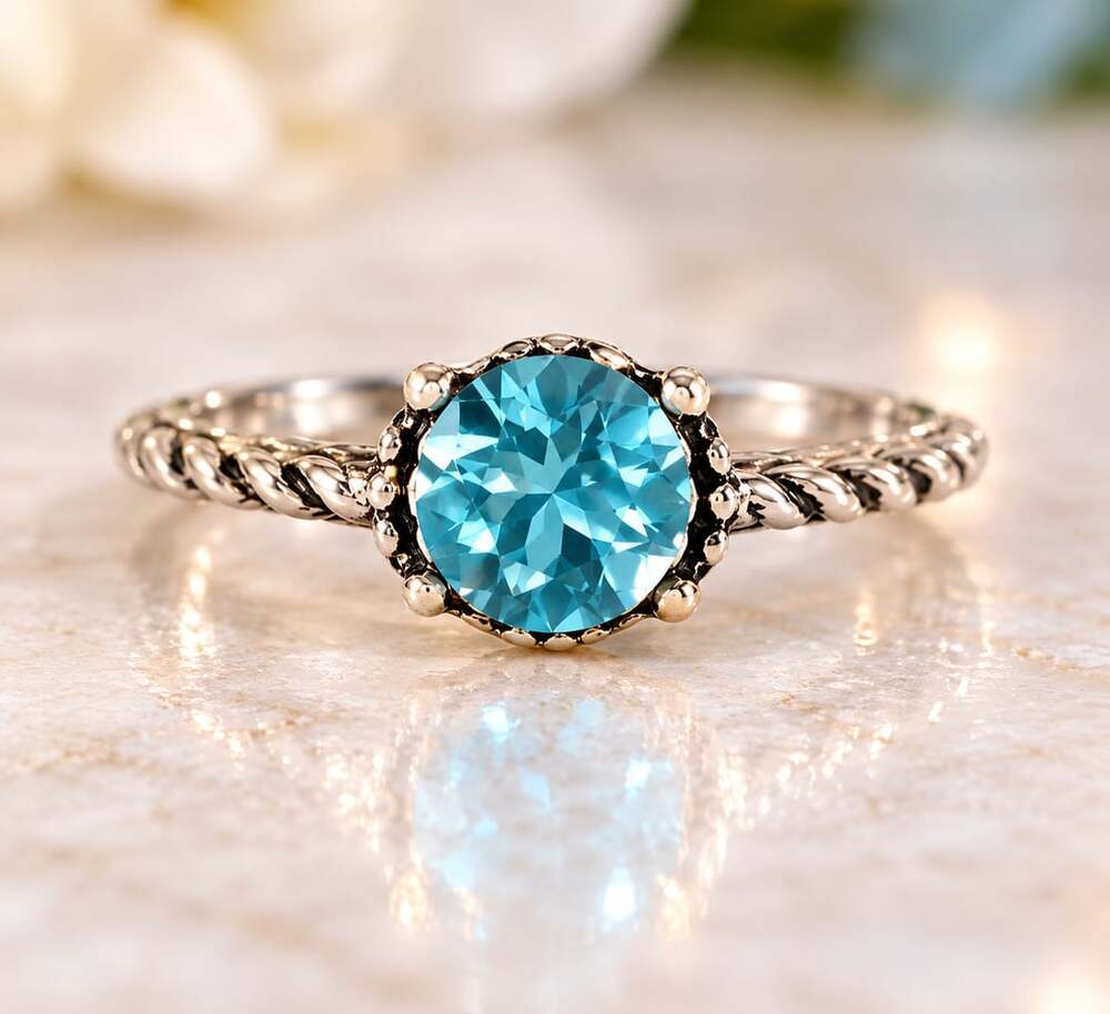 Silver -Tones Stackable Expressions Blue Topaz Round Ring Size 5